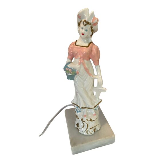 VTG Porcelain Figurine Table Lamp w/ Velvet Shade Brass Pole Marble Base 17.5” - Picture 7 of 11